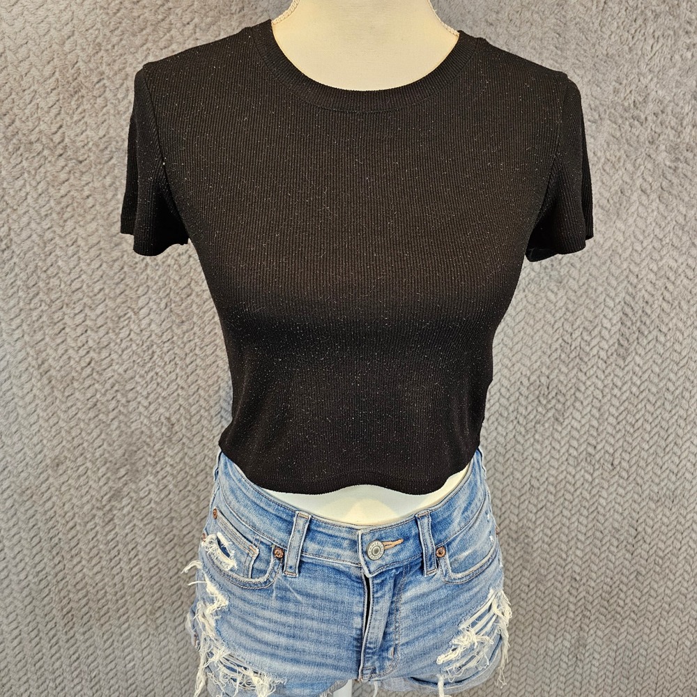 J.o&co Womens Ribbed Short Sleeve Crop Top Black Crew Neck Size Small‎